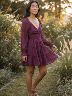 NWT Altard State Burgundy Chiffon Tiered Mini Dress Sz S Sheer Flowy Feminine